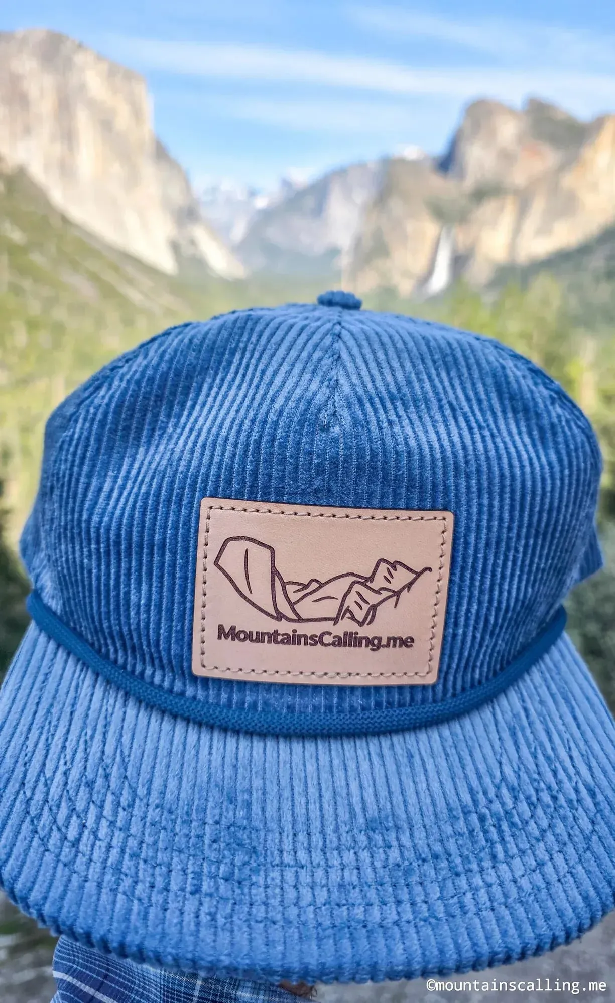 The MountainsCalling.me corduroy trucker hat in Yosemite Valley
