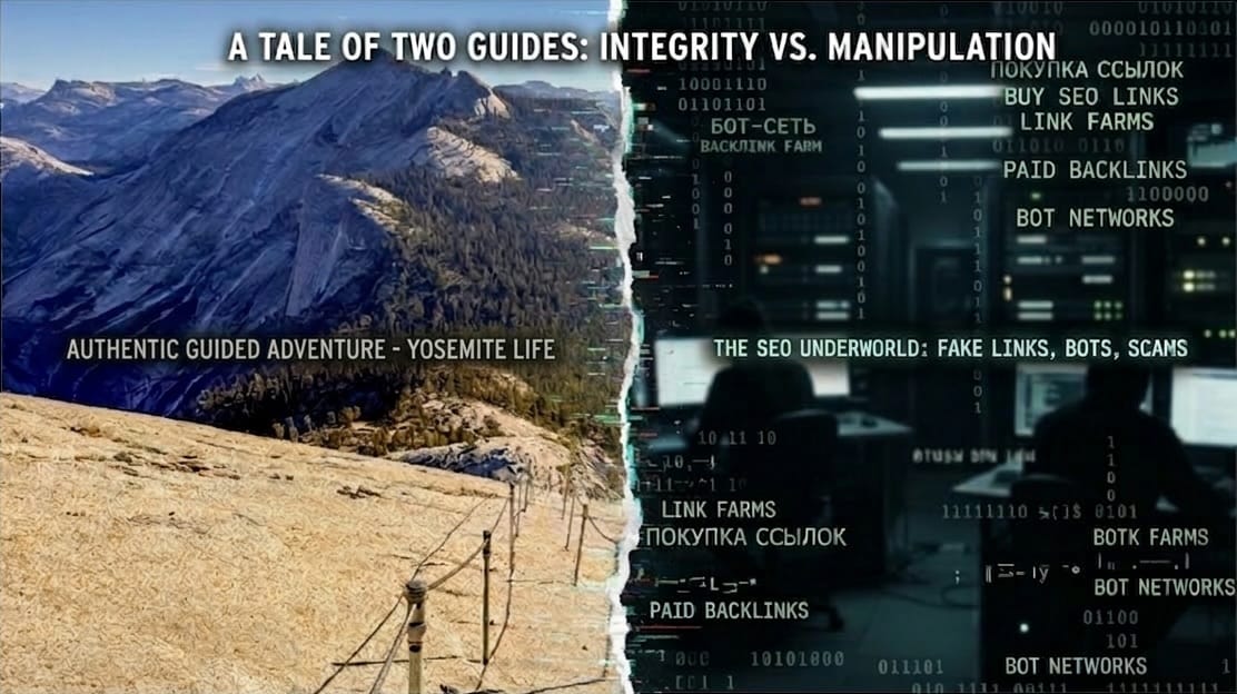 A split-screen "glitch" graphic: the left side shows the Half Dome cables, contrasted with a dark, binary-code filled computer terminal on the right advertising 'Buy Backlinks' and 'SEO Link Farms'.